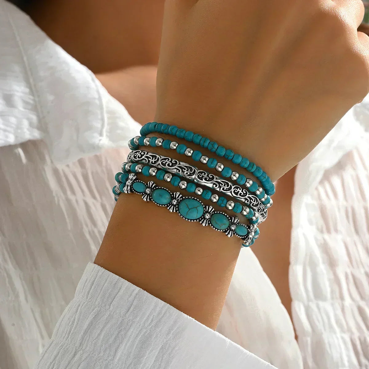 Boho-armbåndsett med turkise perler